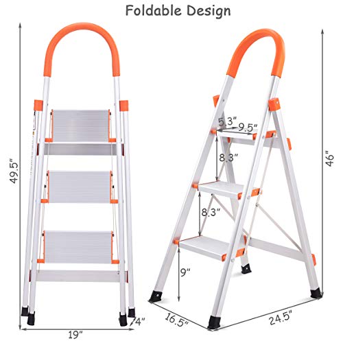 Giantex 3 Step Ladder Folding, Aluminum Step Stool Ladder w/Anti-Slip Handgrip and Wide Pedal, 330 lbs Load Capacity Platform Step Stool for Home, Garden and Office