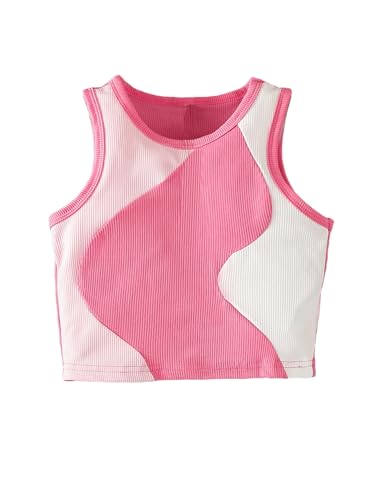 OYOANGLE Girl's Ribbed Knit Crop Tank Top Color Block Crew Neck Sleeveless Tops