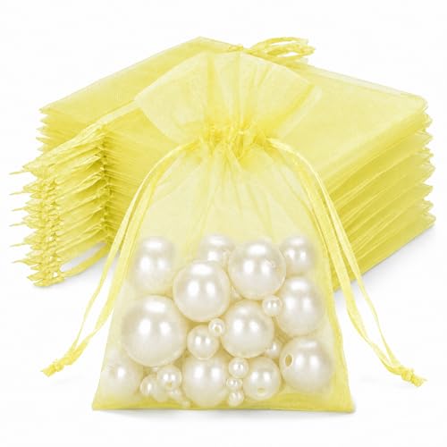 Image of joycraft 50Pcs Lemon Yellow Organza Bags - 2.7x3.5 In Sheer Jewelry Mesh Pouch, Small Party Favor Drawstring Pouch for Wedding, Birthday, Baby Shower, DIY Craft
