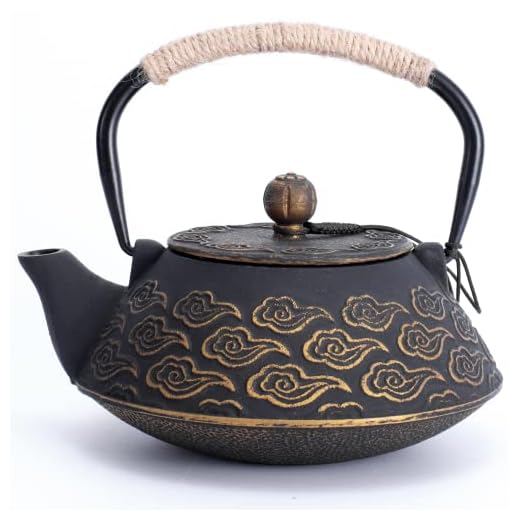 Cast Iron Teapot, Japanese Tea Pot with Infuser for Loose Leaf, Tea Kettle Stovetop Safe Coated with Enameled Interior, Clouds Pattern 27oz, 800ml Black