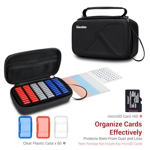 Image of EVA PU Micro SD Card Case with 60 Individual Plastic TF Card Holders - Water-Resistant, Anti-Shock Carrying Organizer with Handle & Label