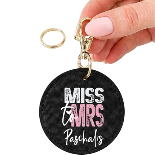Miss to Mrs - Llavero personalizado de piel sintética negra, redondo, regalo de novia con cierre dorado