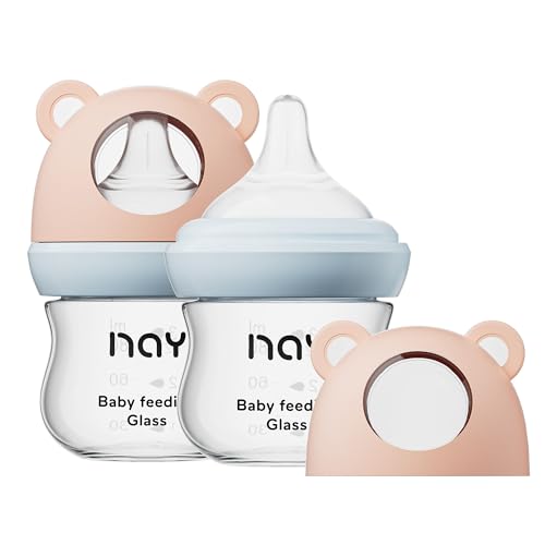 Image of yanyoyo Natural Glass Baby Bottle for Breastfeeding Babies, 3oz Newborn Anti-Colic Baby Bottle with Slow Flow Nipples (SS), Clear, Wide Neck, 2 Pack, 0 Months+
