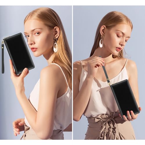 Image of Nipichsha Womens Wallet, RFID Wristlet Wallet for Women, Cute Ladies Purse, Large Credit Card Clutch Purse, Leather Card Holder Wallets with Zipper & Phone Holder, Black