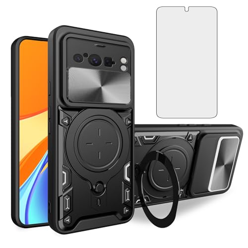 Asuwish Phone Case for Google Pixel 8 Pro 5G Slide Camera Magnetic Cover with Tempered Glass Screen Protector and Ring Holder Hard Shockproof Cell Accessories Pixel8Pro Pixel8 XL Eight 8Pro Men Black