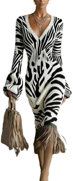 OSCORP Women’s Bohemian V-Neck Midi Dress with Long Sleeves,Flowy Printed Wedding Guest Dress with Belted Waist