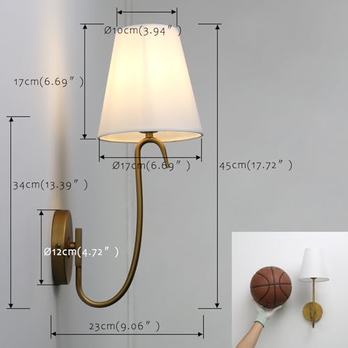 Image of Swan Neck Wall Sconce Fixture 1-Light with White Fabric Shade, Indoor Hardwired Rustic Boho Wall Light for Living Room Bedroom Bedside Nightstand Light