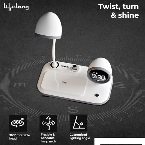 Image of Lifelong 3-in-1 Wireless Charging Desk Lamp with LED Light & Digital Alarm Clock|Fast Wireless Charging Pad, Adjustable Brightness, Touch Control & Night Mode|Perfect for Bedroom, Office & Study Table