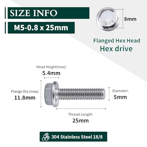 Image of M5-0.8 x 25mm Hex Flange Bolt (1 inch Thread Length), DIN6921, Serrated Locking Flange, 304 Stainless Steel, UNC Full Thread, 30-Pack
