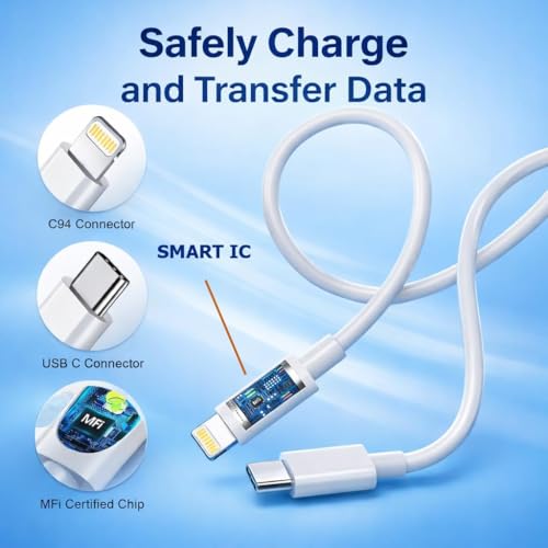 Image of [Original 20W Type-C to 8-Pin PD Fast Charging Cable Compatible with iPhone 14 /14 Pro / 14 Pro Max / 13 /13 Pro / 13 ProMax /12 /11 /XR /XS /all Series | 20Watt | Mfi Certified, 6 Months Warranty, White