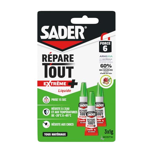 Sader Colle Multi-Usages Répare Tout Extrême + – Colle Forte Tous Matériaux – Super Glue Liquide – Intérieur/Extérieur – Sans odeur ni Solvant – Transparente – 3 Tubes de 1g