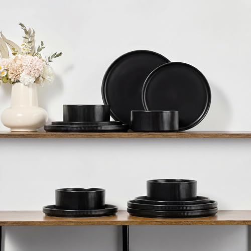 Image of E-far Stoneware Dinnerware Sets for 2, 6-Piece Plates and Bowls Sets, Chip & Scratch Resistant Ribbed Dish Set for Home Restaurant, Microwave & Dishwasher Safe, Matte Black