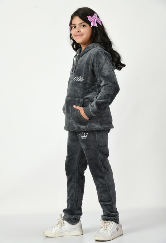 Image of Girls Fur Night Suit | Regular Fit Design | Hooded Neck | Full Sleeve Set for Girl's Yoga, Joggers, Gym, Active Wear For Girl's