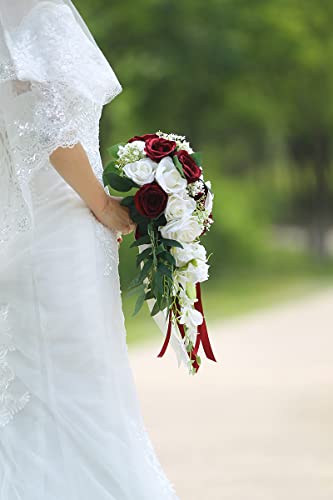 Ansofi Cascading Wedding Bridal Bouquet, Wedding Bride Bouquet, Wedding Holding Bouquet With Artificial Roses Lace Long Ribbon, Perfect For Wedding, Church #TOP2