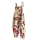 JMYECM Japanese Plum Blossom Printed Overalls for Women 2025 Casual One Piece Summer Sleeveless Jumpsuits Khaki,L