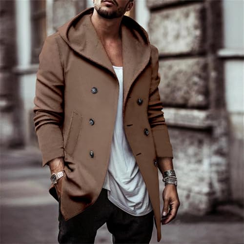 Thatrich Men's Hooded Peacoat Mid Length Trench Coat Oversized Hoodie Jacket Double Breasted Suit Casual Windbreaker Outwear2