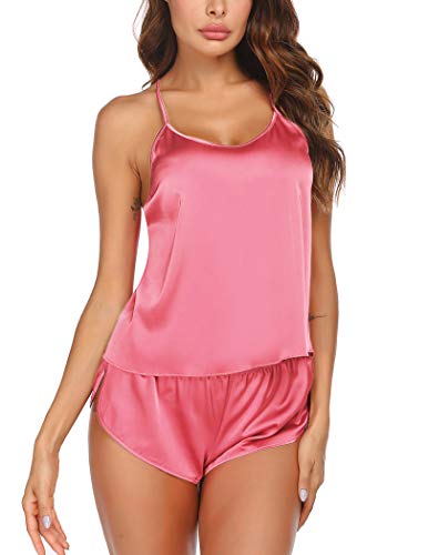 Image of Ekouaer Silk Pajamas Set for Women Satin Backless Lingerie Pjs Cami Top and Shorts Nightwear