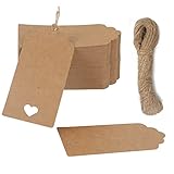 Forma y tamaño: Etiquetas kraft mide 9,5 cm de largo y 4,5 cm de ancho. El diseño recortado en forma de corazón agrega sofisticación a la etiqueta, marrón retro, noble y elegante, preperforado, fácil de usar, un total de 100 piezas, con 1 pieza de cuerda de yute de 30M, para satisfacer sus necesidades diarias.