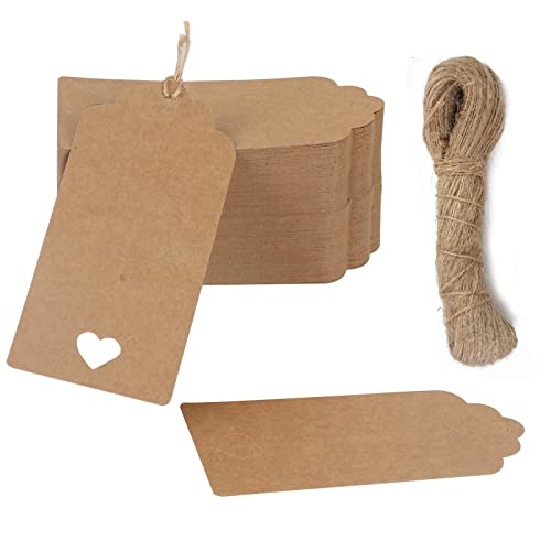 GGISUI 100 Piezas Etiquetas de regalo de papel Kraft con cuerda de yute de 30 m etiqueta de precio equipaje Etiquetas Kraft de estraza marrón con corazón hueco para Boda Navidad Cumpleaños Cover