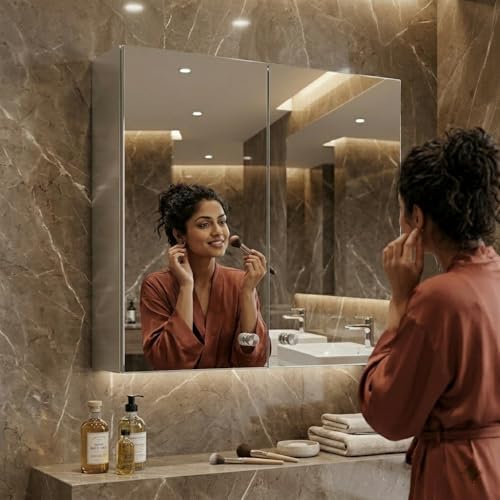 Image of Dropin (18x18 Inch, Chrome Finish 304 Stainless Steel Bathroom Mirror Cabinet, Heavy-Duty Storage Cabinet /Wall Mounted Mirror Bathroom Cabinet Separate Compartments for Storage