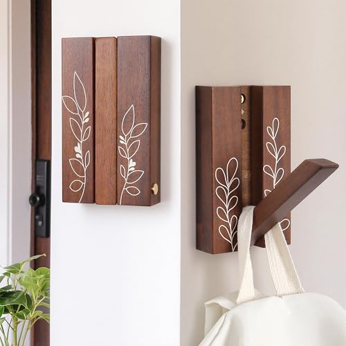 KYIAANY Rustic Folding Wall Hooks: Decorative Wooden Coat Hooks 2Pack