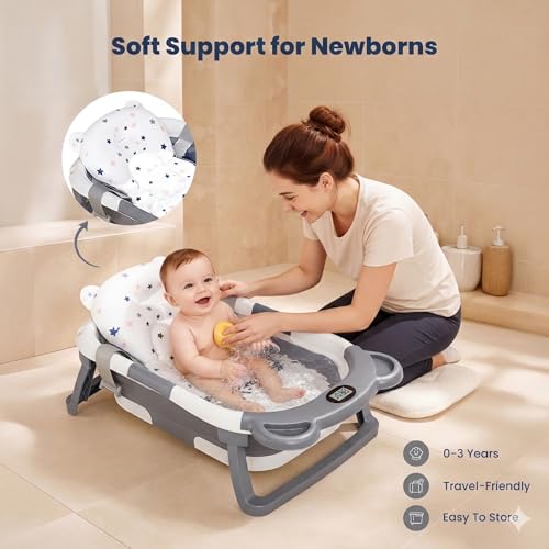 Image of TINSY Foldable Baby Bath Tub with Built-in Water Thermometer & Soft Head Support Pillow | Portable Newborn Bathtub | Anti-Slip Legs | Space-Saving Infant Bath Tub for Babies & Toddlers | Cloud Grey