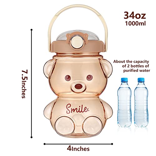 Kawaii Bear Straw Bottle,Large Capacity Bear Water Bottle With Strap And Straw, Cute Water Bottles For School And Outdoor Travel (1000Ml Brown) #TOP6