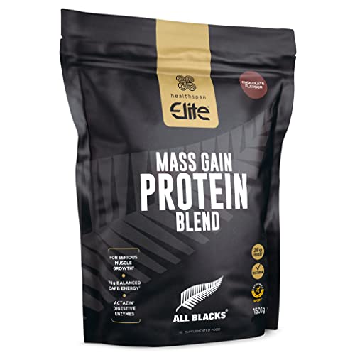 Healthspan Elite All Blacks Mass Gain Protein Blend (1500g) | Chocolate | 28g of Protein & 78g Carbohydrates per Serving | Amino Acid Complex | 5.6g BCAAs per Serving | with Actazin | Vegetarian