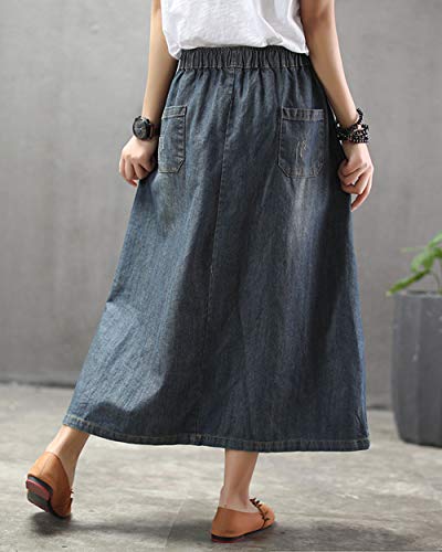 ebossy Womens Casual Long Jean Skirt Floral Print Embroidered Distressed Denim Maxi Skirts with Side Pockets3