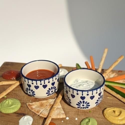 Image of Indigo Blossom 2-Piece Ceramic Dipping Bowl Set Housewarming Gifts - Microwave & Dishwasher Safe