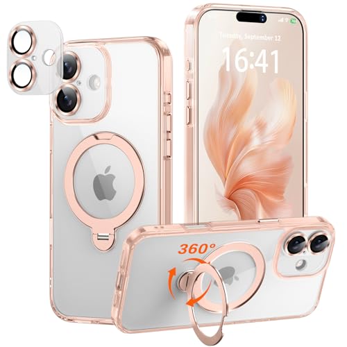 iPhone 17 用 ケース【極限の透明感と保護力】 4in1 カメラ保護一体/MagSafe対応/360度回転スタンド/ストラップホール穴付き 縦横両対応 黄ばみ防止 ワイヤレス充電対応 耐衝撃 カメラフィルム マグネット搭載車載ホルダー対応 マグセーフ対応 あいふおん17ケース (ピンクゴールド, iPhone 17)の商品画像（Amazon）