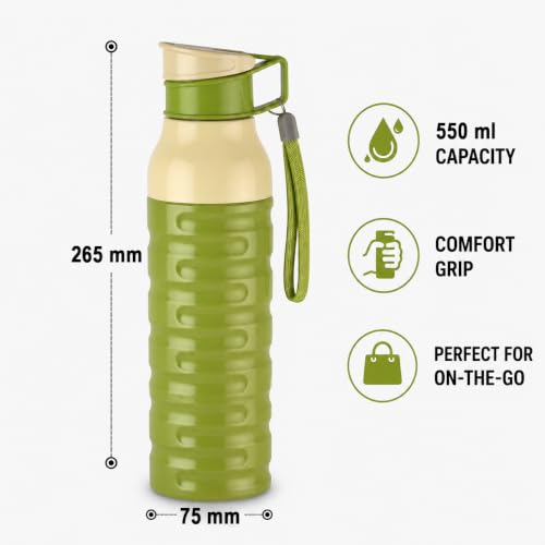 Image of CELLO Puro Steel-X Delta 600 PU Insulated Water Bottle for Office 550 ml Green | Wide Mouth Easy to Carry with Strap Leak Proof Flip Top Lid Inner Steel Water Bottle for School Kids, College & Travel