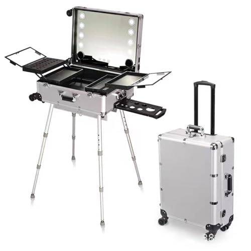 GrnArt ロ用メイクボックス 鏡付き LEDライト 化粧箱 キャスターが4個付属しています3色光源 ミニドレッサー プロフェッショナル3 in 1ロック可能なアルミニウムメイクアップケース ビューティーサロンや旅行用 (B)
