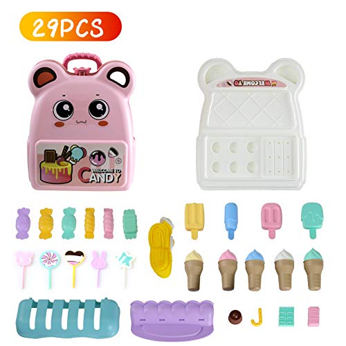 W Q Pretend Play Toys Sets for Kids Ice Cream Toy Candy Carrier Backpack for Girl, Play Kitchen Food Educational Game Birthday 29PCS