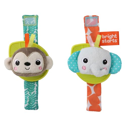Bright Starts Rattle & Teethe Wrist Pals Toy – Monkey & Elephant, Newborn +