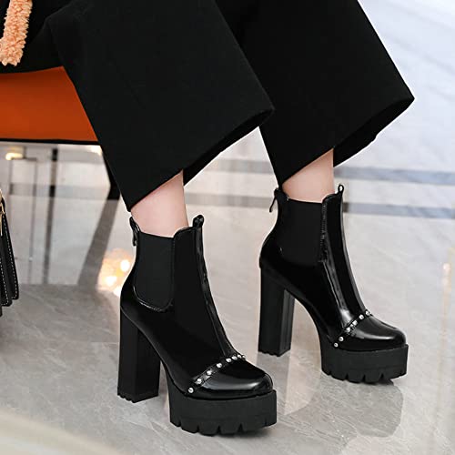 FufoneUS Womens Chunky Heel Ankle Boots Platform High Heel Round Toe Zipper Elastic Combat Booties2