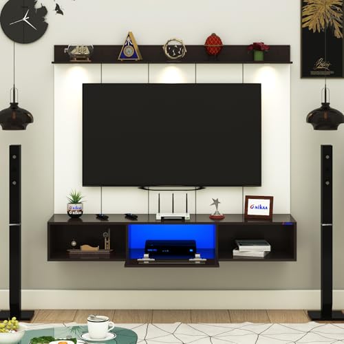 Image of Anikaa Novus PVC Back Panel Wall Mounted TV Unit with Spot & Blue Ambient LED Light - Acrylic Storage Box, Display Shelf & Soft-Close Hinges | Ideal for UP to 50 Inch TV (Wenge - DIY Installation)