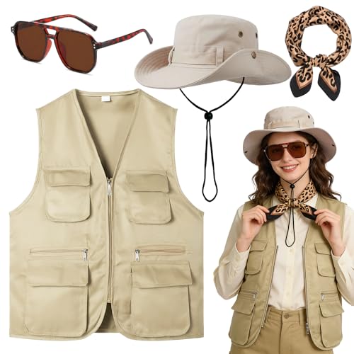 Ensemble de 4 déguisements de safari pour femme, déguisement de safari, accessoires avec gilet, chapeau de safari, imprimé léopard, écharpe, lunettes de...