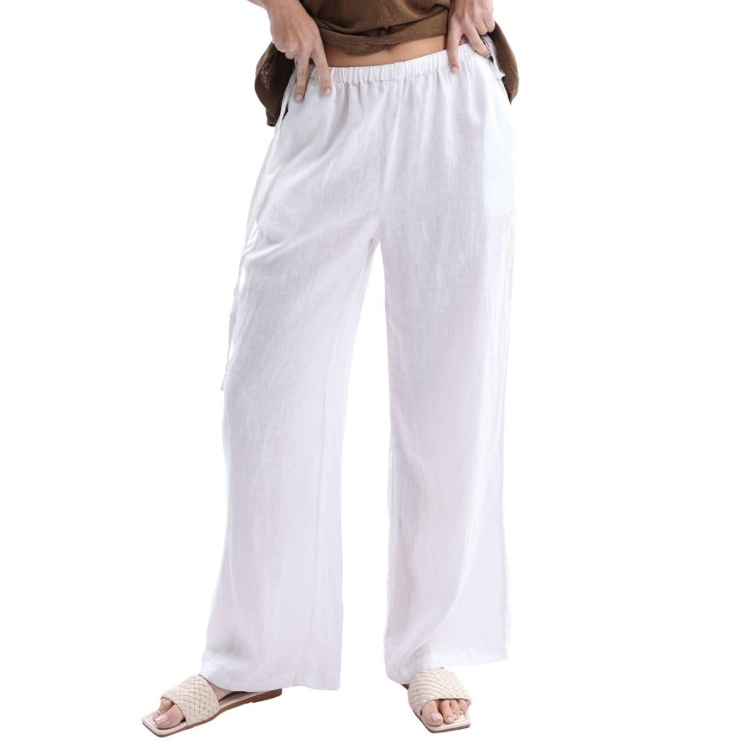 Amazhiyu Pantaloni da donna 100% lino estivi casual a gamba larga con tasche a palazzo