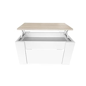 mattfy - Mesa de Centro para el Café/Té, Elevable, Mesita de Salón o Comedor, Color Blanco con Tapa Cambria, Medidas: 90 cm (Ancho) x 50 cm (Fondo) x 46/57 cm (Alto)