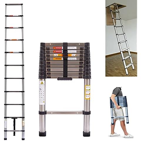 Telescopic Ladder 3.2m Extension Ladder, Stainless Steel Telescopic Extension Extendable Ladder, Roof Ladders for Home, Multi-Purpose Compact Ladder for Household Daily Hobbies, 330 Lb Capacity, EN131 Cover