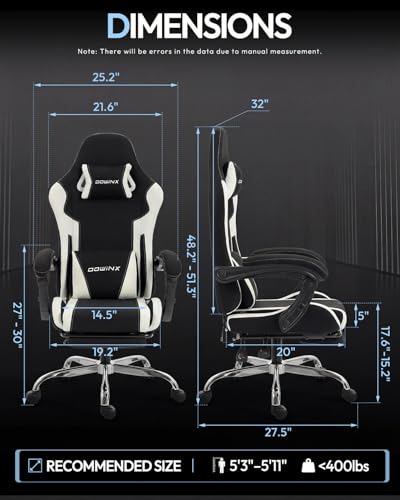 Image of Dowinx Ergonomic Gaming Chair with Footrest & Massage Lumbar, 2D-Linkage Armrests for Computer Chair 330lbs with Headrest Pillow for Office, Home, Streaming and Long Gaming Sessions, Fabric White