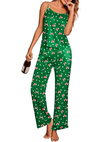 Image of Ekouaer Women Silk Satin Pajamas Sleeveless Pjs Set 2 Piece Summer Loungewear Sleepwear with Pockets,Green Chirstmas,Medium
