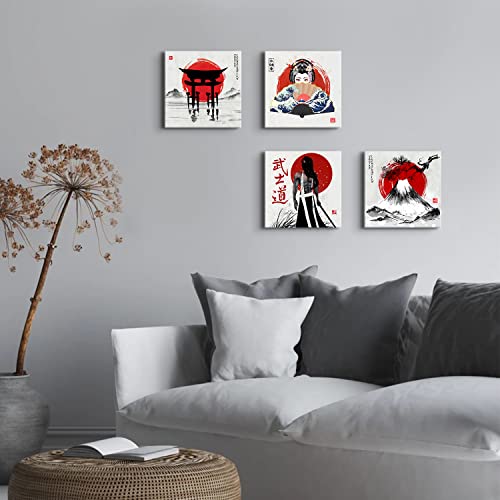 Japanese Decor Wall Art For Living Room Retro Japanese Samurai Geisha Fuji Mountain Canvas Pictures Office Modern Artwork Vintage Black And White Red Asian Painting Bedroom Home Decoration 12×12" 4Pcs #TOP3
