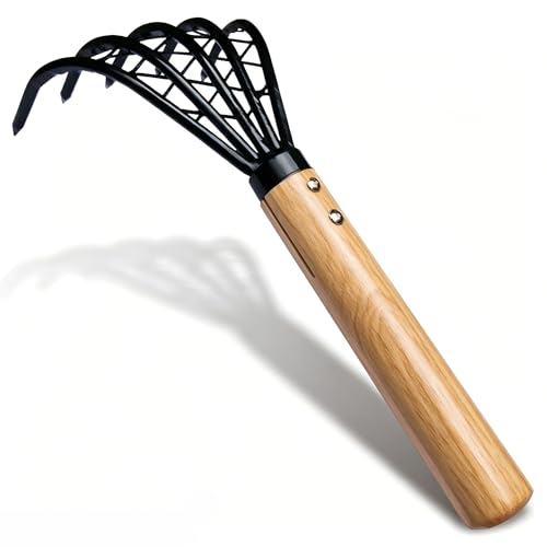 SHANFEEK Garden Rake 5-Claw Landscape Dethatcher Thatching Beach Combing Rake for Digging Clam Shell Defoliation Hoe Garden Tool for Loosen The Soil (Brown)