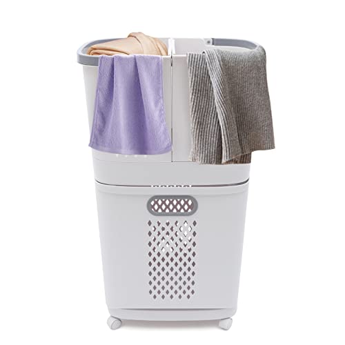 2 Tier Plastic Laundry Basket with Wheels,Rolling Laundry Hamper,Portable Laundry Basket for Bathroom Laundry Room,White
