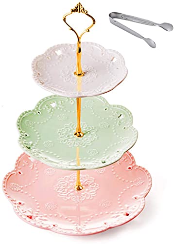 3-Tier Ceramic Sering Stand,Cake Stand-Dessert Stand-Cupcake Stand-Tea Party Serving Platter (3 Color-Gold)