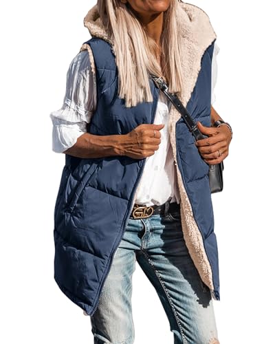 BTFBM Fall Long Puffer Vest Women Sleeveless Hooded Reversible Fleece Sherpa Jacket Zip Up Winter Coat Outerwear Vests