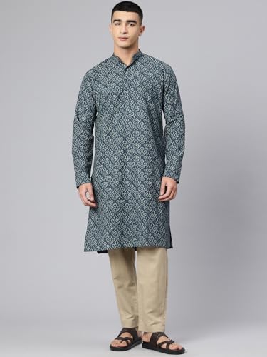 Image of Majestic Man Men's Regular Fit Ethnic Motifs Printed Pure Cotton Long Kurta with Mandarin Collar & Full Sleeves