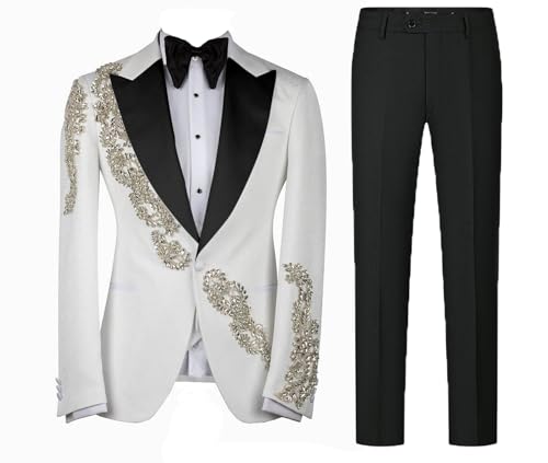 Men's 2-Piece Tuxedo Suit with Rhinestone Embellished White Blazer and Black Pants